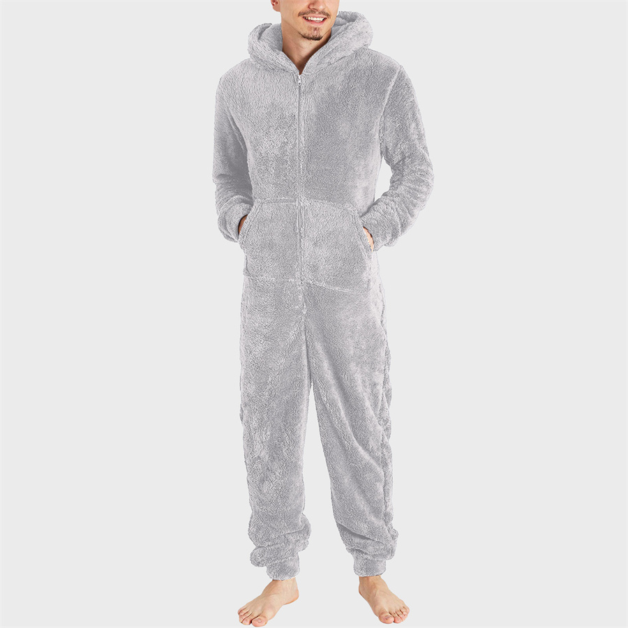 2025 hommes hiver chaud pyjamas ensemble hommes solide fermeture éclair une pièce vêtements de nuit à manches longues à capuche longue combinaison vêtements de nuit 5XL