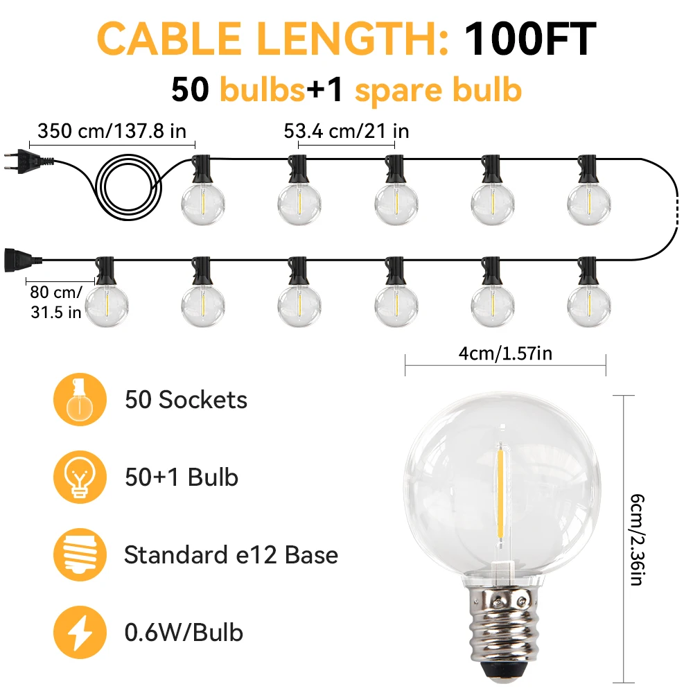 30M LED Fata String Light Festa di compleanno all'aperto Stringa di luce G40 Patio Giardino Luce Trasparente Catena di lampadine vintage per la decorazione di nozze
