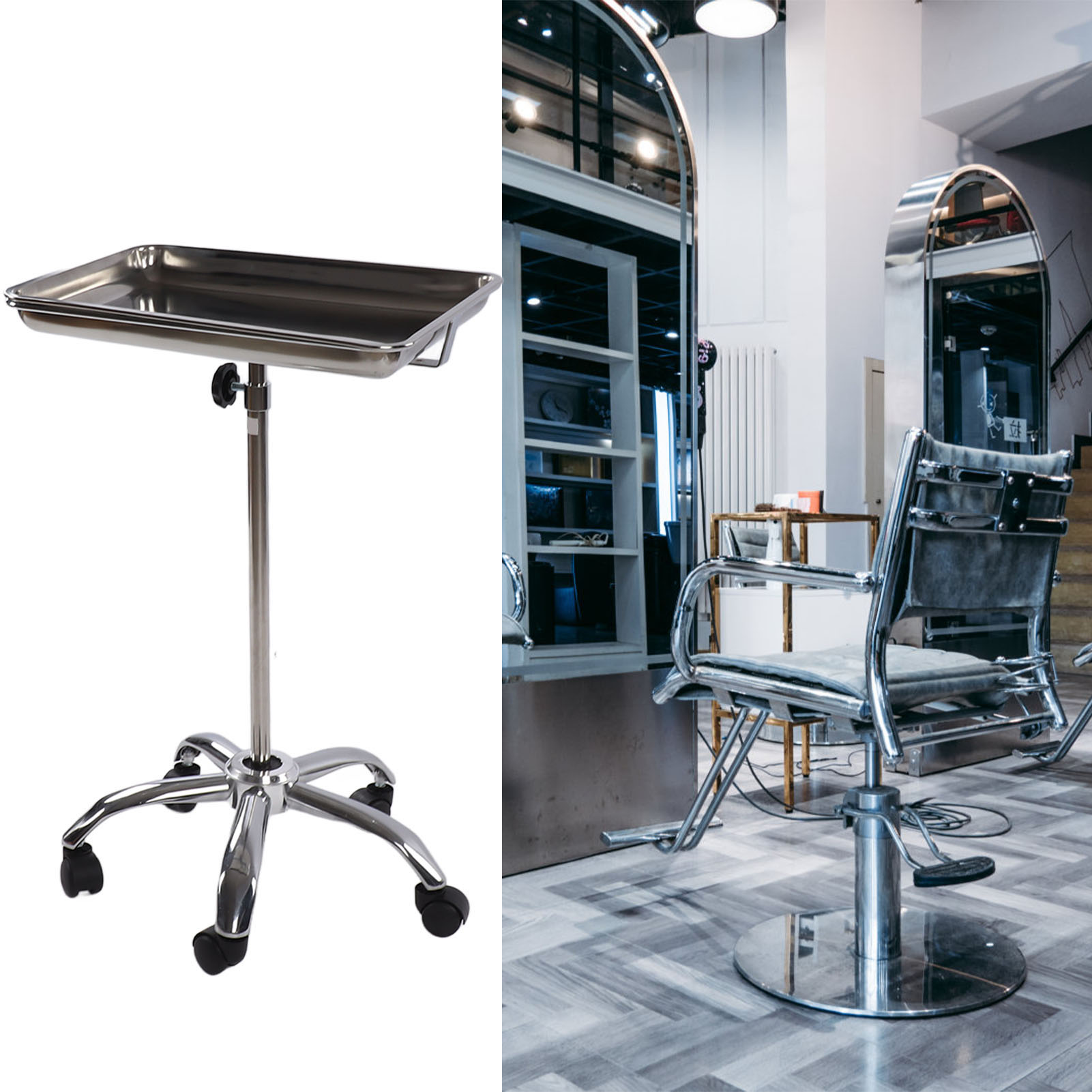 Salon-Instrumententablett, Salonablage mit Rädern, Metall, Edelstahl, anhebbar, beweglich für Friseurinstrumente