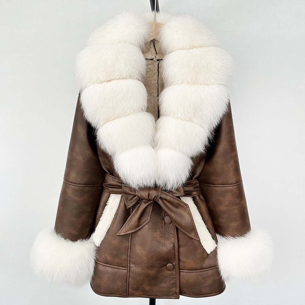 OFTBUY Echt Vossenbont Jas Lam Bont Dames 2025, Grote Bontjas Vrouwen Kunstleer Jas Nieuwe Herfst Winter Warm Uitloper Tops