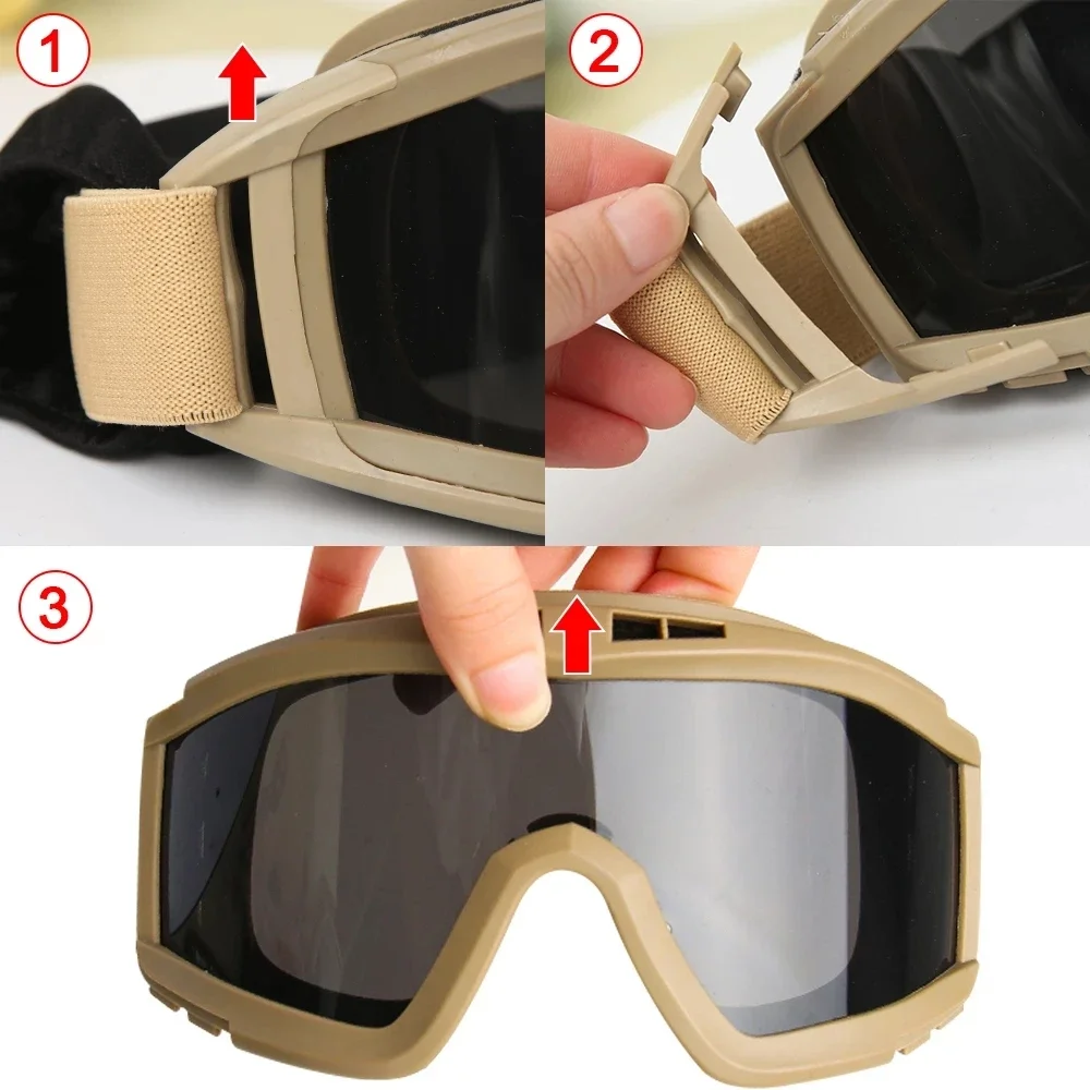 Gafas tácticas para montañismo, gafas de sol para tiro, a prueba de viento, Control de arena, gafas CS para Motocross, 3 lentes reemplazables para motocicleta