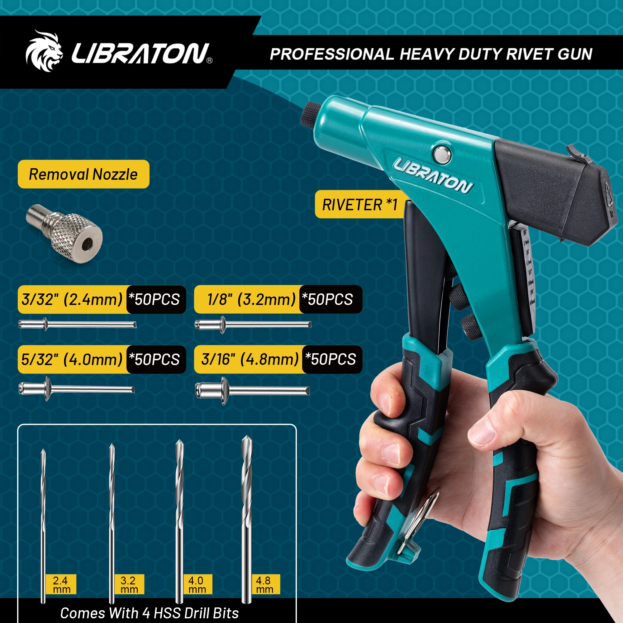 LIBRATON Heavy Duty Rivet Gun Kit, Professional One-Handed Pop Rivet Gun, Manual Riveting Tool for Metal, Wood and Plastic