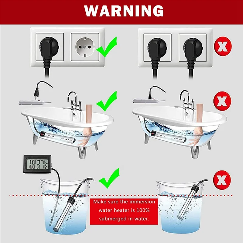 Immersion Water Heater, 2500W Electric Bucket Heater with Timer Auto Shut Off Hot Tub Heater for Home Winter EU Plug