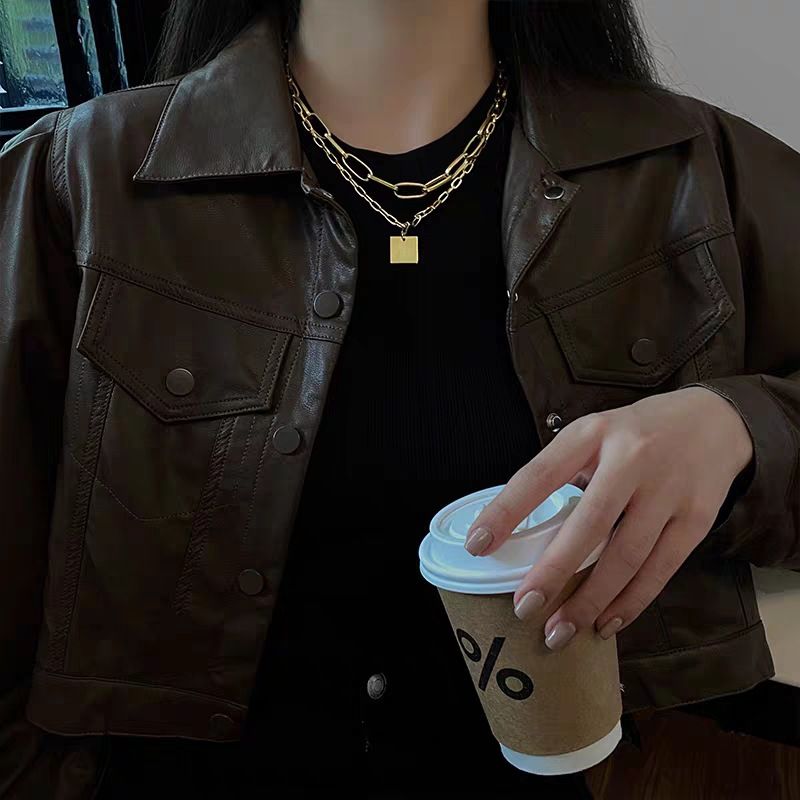 Ouro Colar de Dupla Camada, Cadeia Grossa Exagerada, Marca Quadrada, Moda Europeia e Americana, Novo, Popular