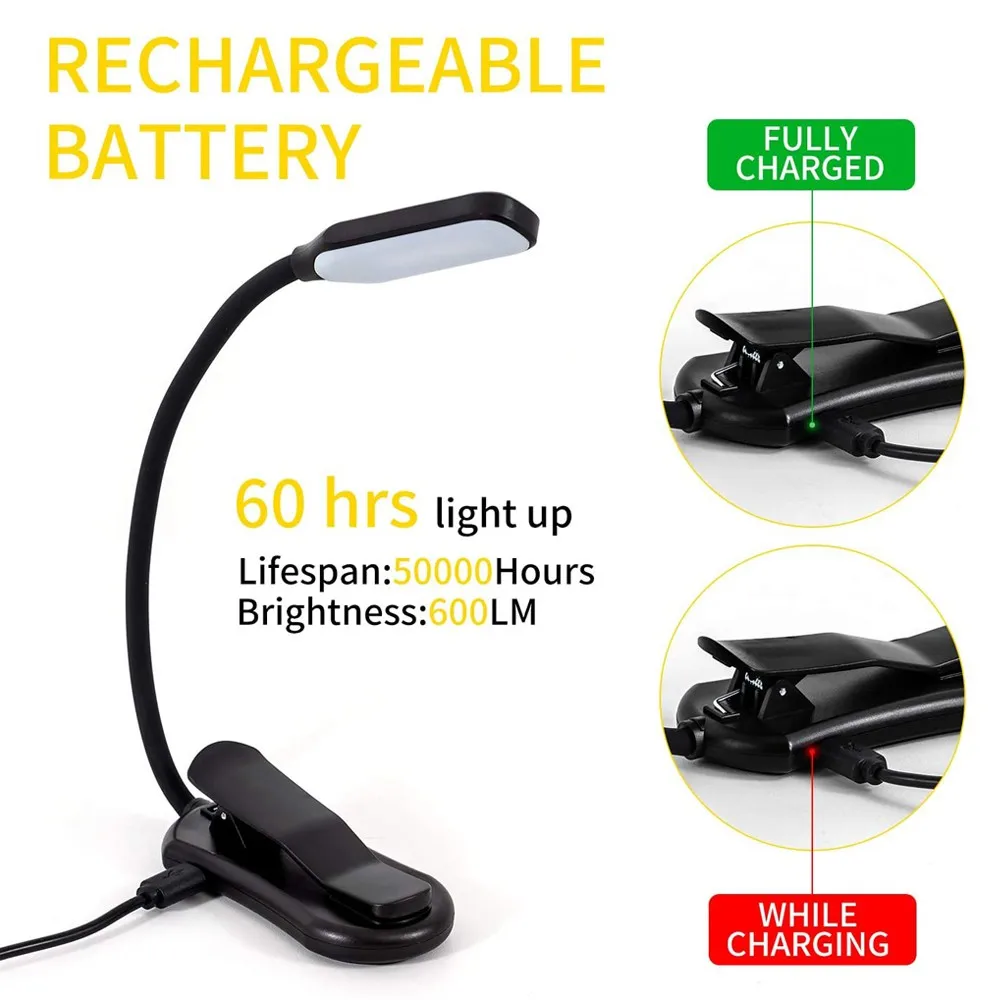 LED Book Light USB Rechargeable Reading Light 3-Level Warm Cool White Daylight Portable Flexible Easy Clip Night Reading Lamp