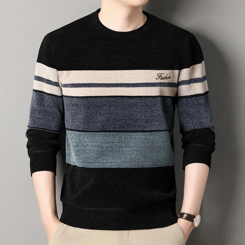 Herren Chenille Pullover Mode Stricken Pullover Gestreiften männer Herbst Winter Top Kleidung Rundhals Gestrickte Pullover