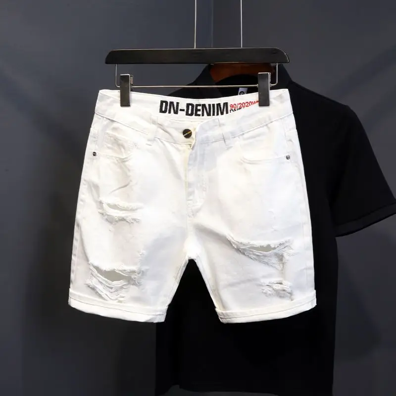 Man Denim Shorts with Text Ripped Embroidery Short Jeans Pants for Men Designer Popular New in Original Trend 2024 Summer Retro
