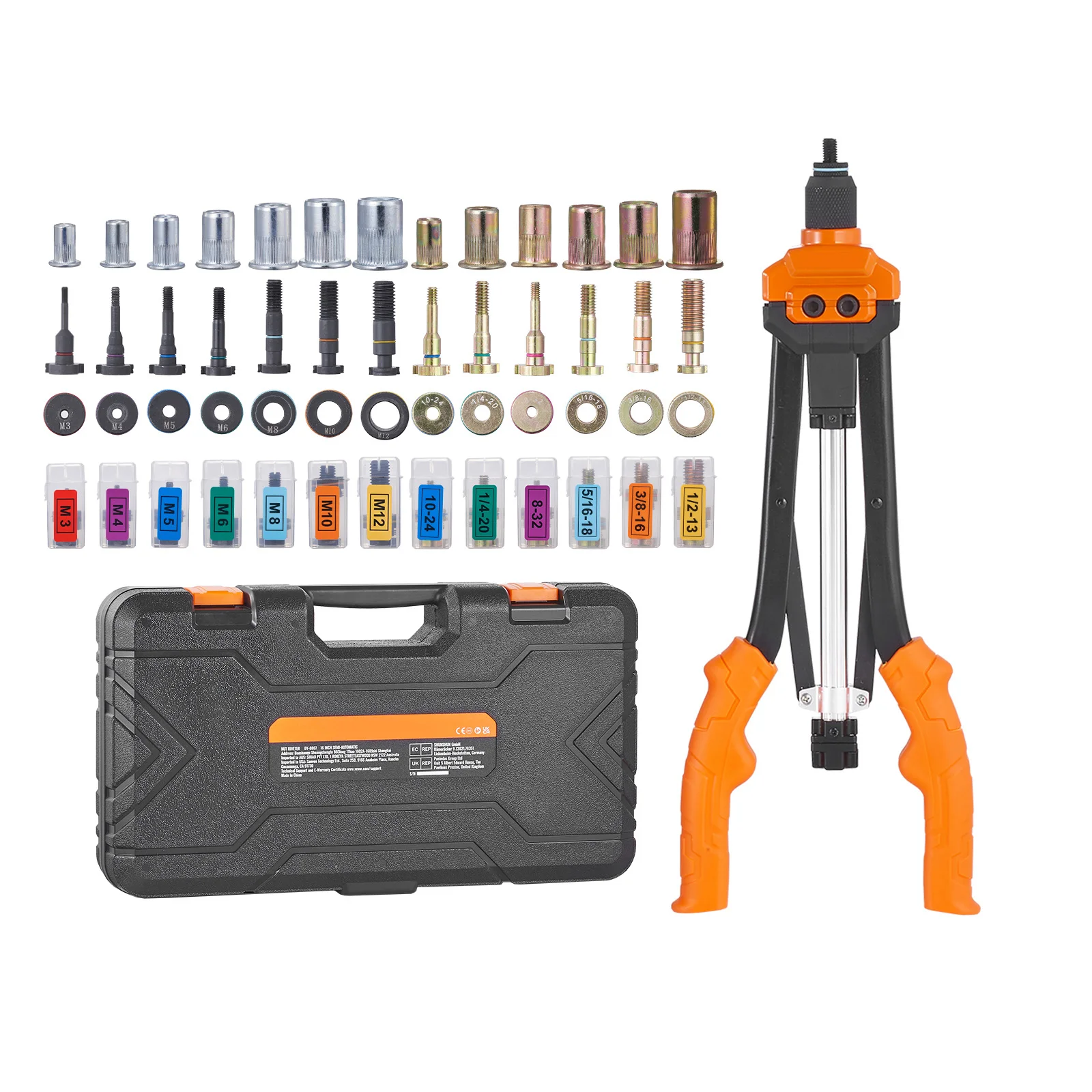 Vevor 14 "16" ferramenta de porca de rebite kit de ferramentas de porca com mandris métricos e sae 70 peças/186 peças porcas de rebite com estojo de transporte robusto