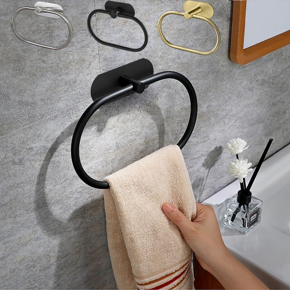 Suporte de toalha de aço inoxidável, Rack auto-adesivo para banheiro, Black Washhand Hanger, Ring Rail Bar, Kitchen Storage Accessories