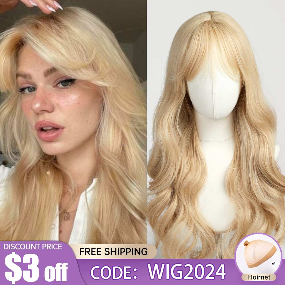 EASIHAIR-pelucas sintéticas onduladas de color rubio arena y dorado con flequillo largo para mujer, pelo de fiesta de Lolita, Natural, resistente al calor