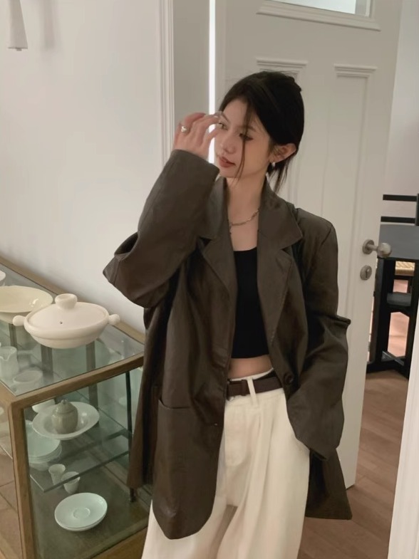 エレガントな黒の Pu レザースーツジャケットルーズロングアウタートップ女性のための春シーズン快適なフィットビジネススタイル