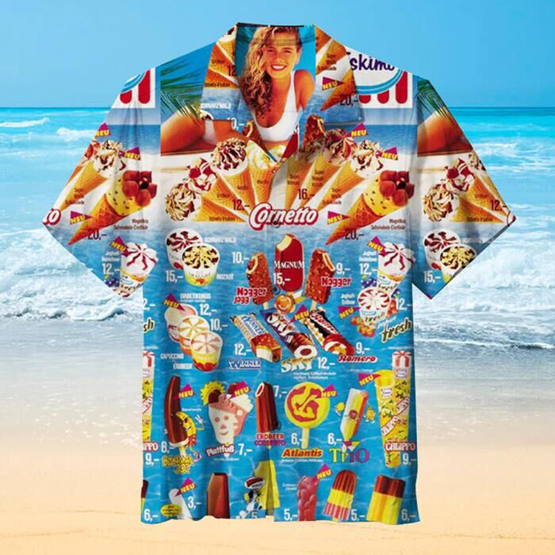 เสื้อฮาวายพิมพ์ลาย3D ลายไอศกรีมแขนลำลองขาสั้นเสื้อเชิ้ตผู้ชายฤดูร้อนเสื้อสเปนขนาดใหญ่สำหรับทริปชายหาด