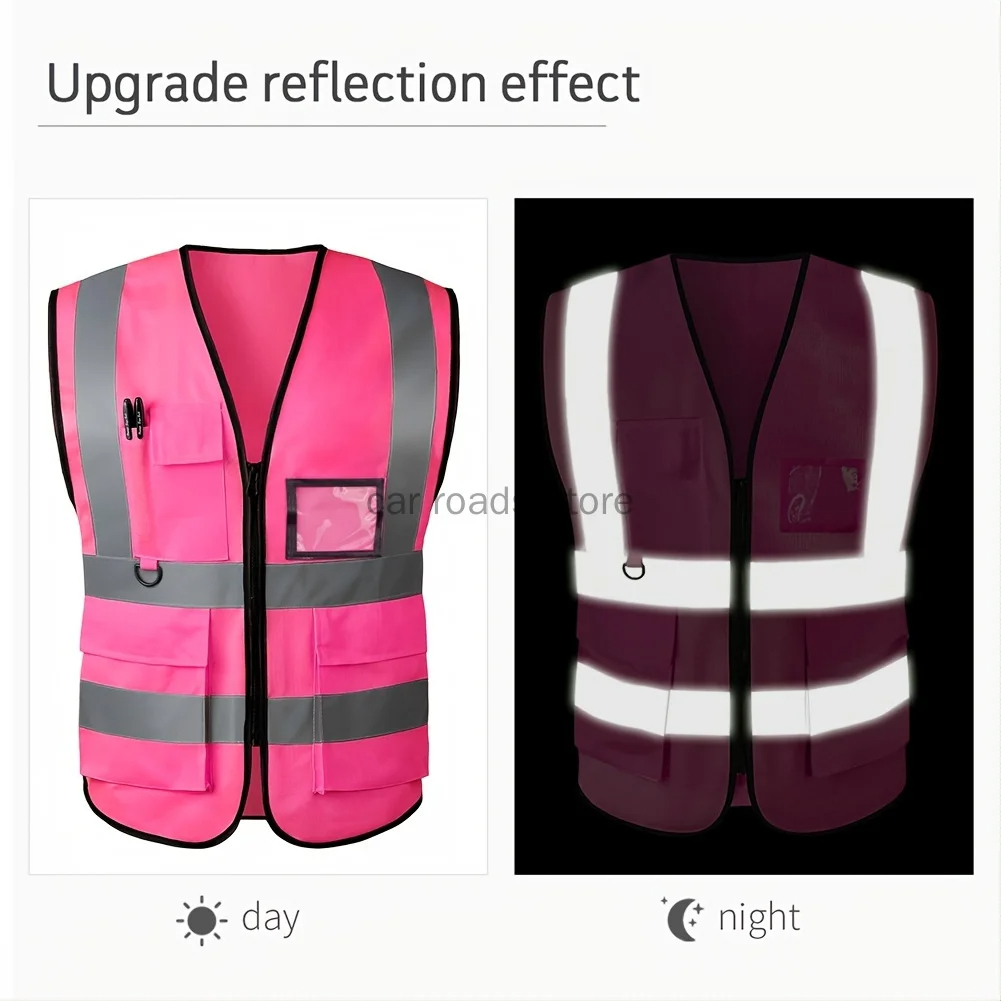 Pink Women's Reflective Safety Vest Front Pocket Zipper High Visibility Safety Vest Meets ANSI/ISEA Standards