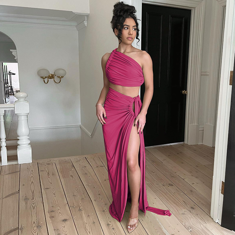 ชุด2ชิ้นสำหรับผู้หญิงชุดกระโปรงยาวผ่าข้างเอวสูงเปิดไหล่แขนกุดเซ็กซี่สีพื้นฤดูร้อน