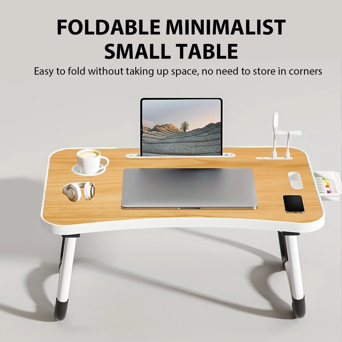 Portable Laptop Desk with USB Light, Small Fan, Cup Holder, Tablet Slot, and Lifting Handle - Foldable Laptop Table for Working,