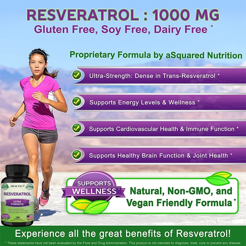 Resveratrol vendedor caliente 1000 mg, 120 cápsulas - Vegano, sin gluten, sin OGM