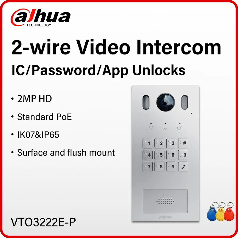 Dahua Original 2-Draht-Video-Gegensprechanlage 2MP IP-Türklingel für Wohnung mit Tastatur, unterstützt PoE-IC/Passwort/entferne entsperrt VTO3222E-P