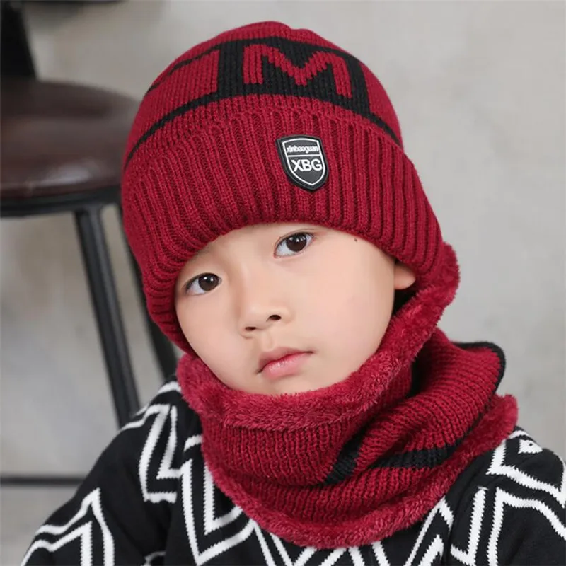 Kind Winter Gebreide Muts Sjaal Jongen Meisjes Outdoor Warme Pluche Mutsen Hoed 2-delige Sets Kinderen Nieuwe Brief Cap En Streep Sjaals
