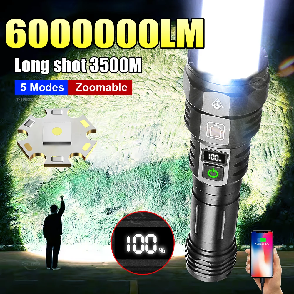 2024 linterna más potente linterna Led recargable superbrillante 6000000LM linternas tácticas de largo alcance Zoom Camping Lantren
