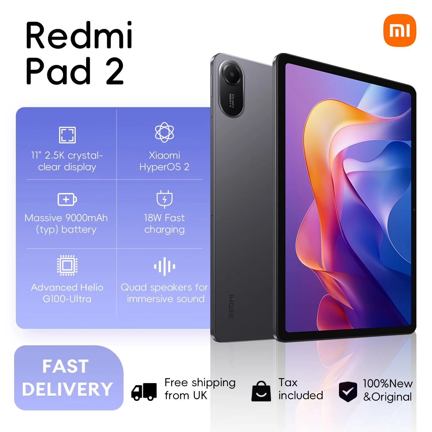 Xiaomi Redmi Pad 2 8+256GB WIFI Global Version MediaTek Helio G100-Ultra HyperOS 2 9000mAh 18W Charging 11" 90Hz 2.5K Display