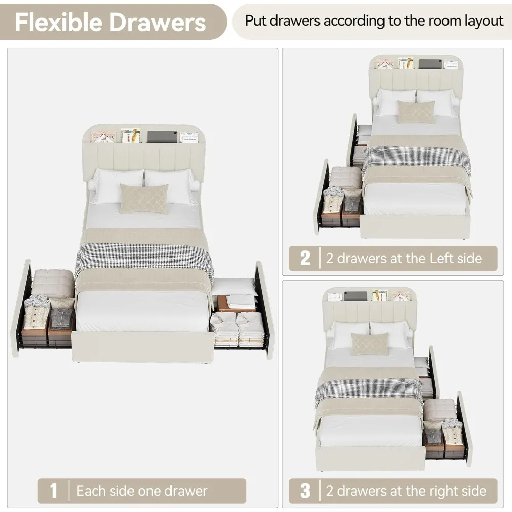 Twin Bed Frame with Storage Headboard, Kids Bed Frame with 2 Drawers, Boucle Upholstered Platform Bed with Bookcase,