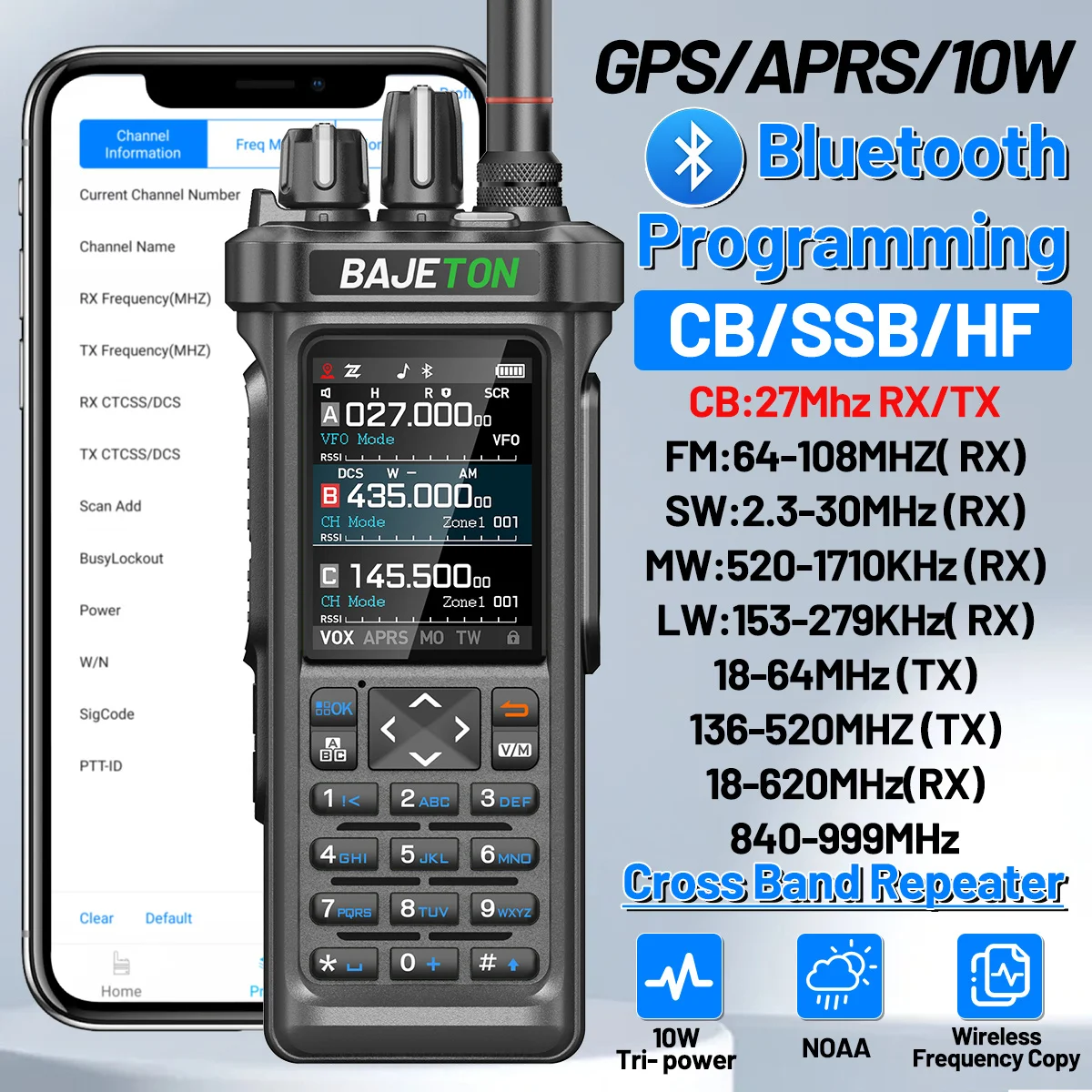 BAJETON BJ-9000 GPS APRS Walkie Talkie 10W CB 27Mhz CB/SSB/HF Bluetooth Programowanie NOAA Krótkofalowe Dla RT-950PRO RT-950 Radio