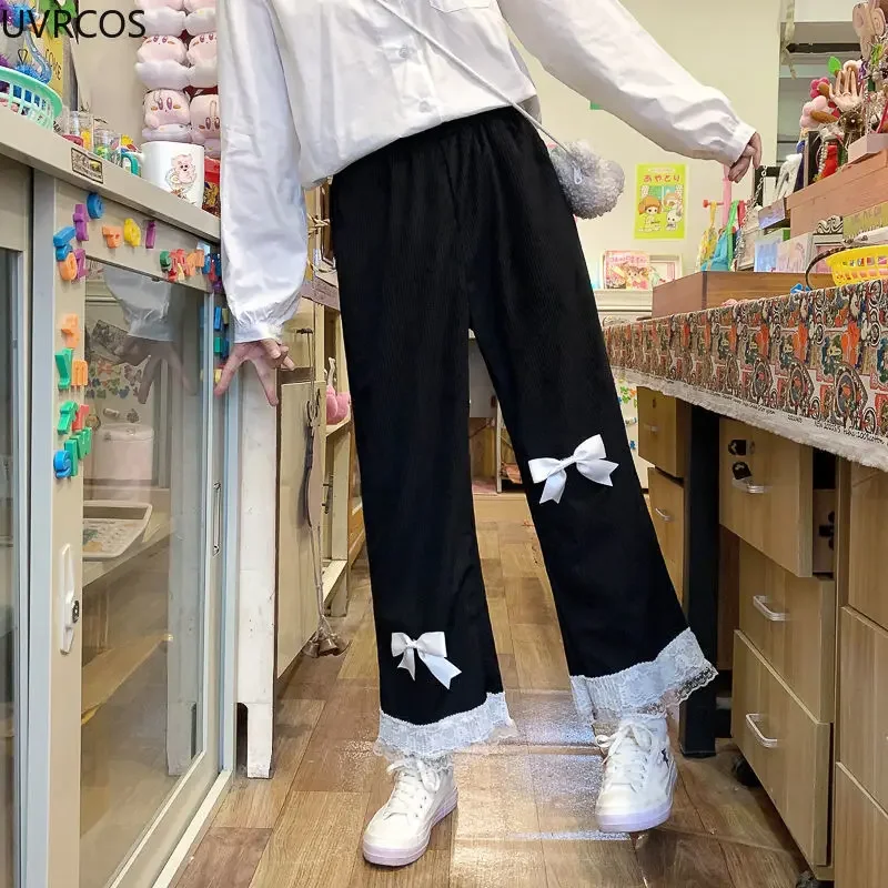 Pantalones de pana de cintura alta Kawaii para mujer, pantalón de pierna ancha de encaje con lazo, ropa Y2k, pantalón informal, holgado y bonito, color rosa japonés