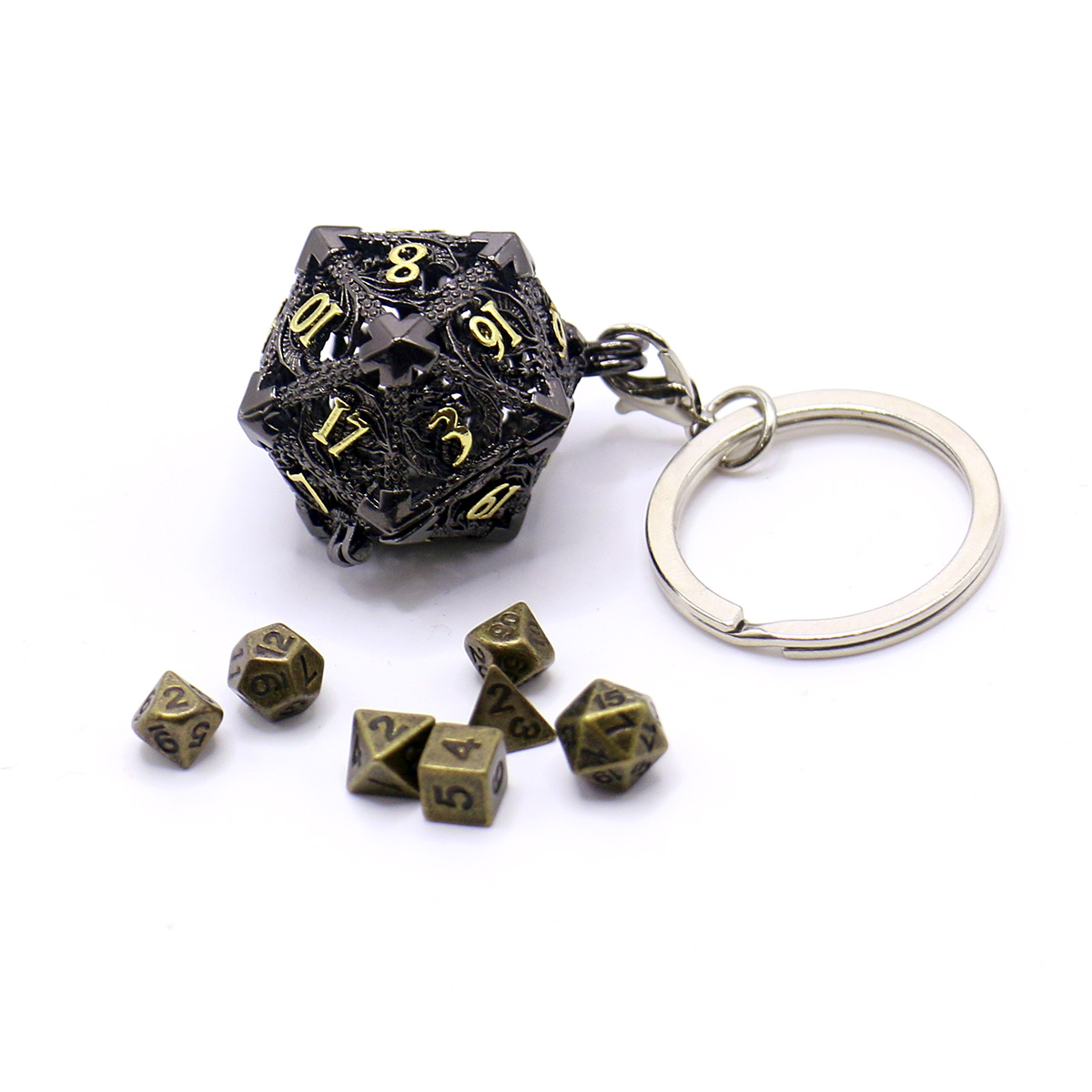 D20 メタル中空ボックス + 7 個のメタルダイスセット、ポータブルボードゲームダイスミニキット、ダークネスブラッドステインスタイルダイスペンダント