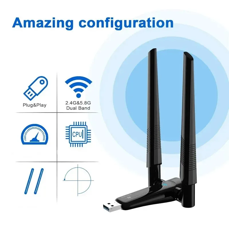 1800Mbps WiFi 6 USB Adapter 5G/2.4GHz USB3.0 Wi-fi Dongle Wireless 802.11ax Network Card High Gain Antenna For Windows 10 11