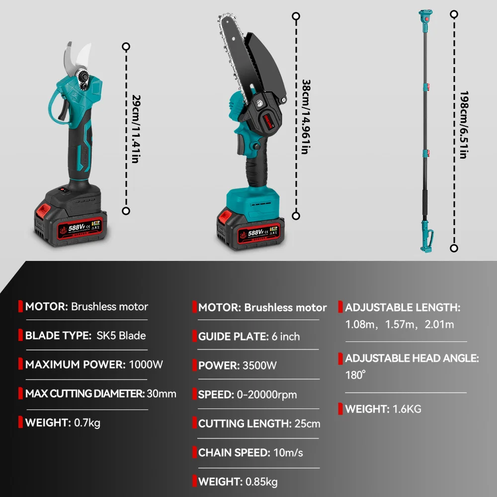 ONEVAN 3500W 2in1 Brushless High Branch Saw Chainsaw & Pruning Shears Garden Tool With Telescoping Pole For Makita Battery Pin