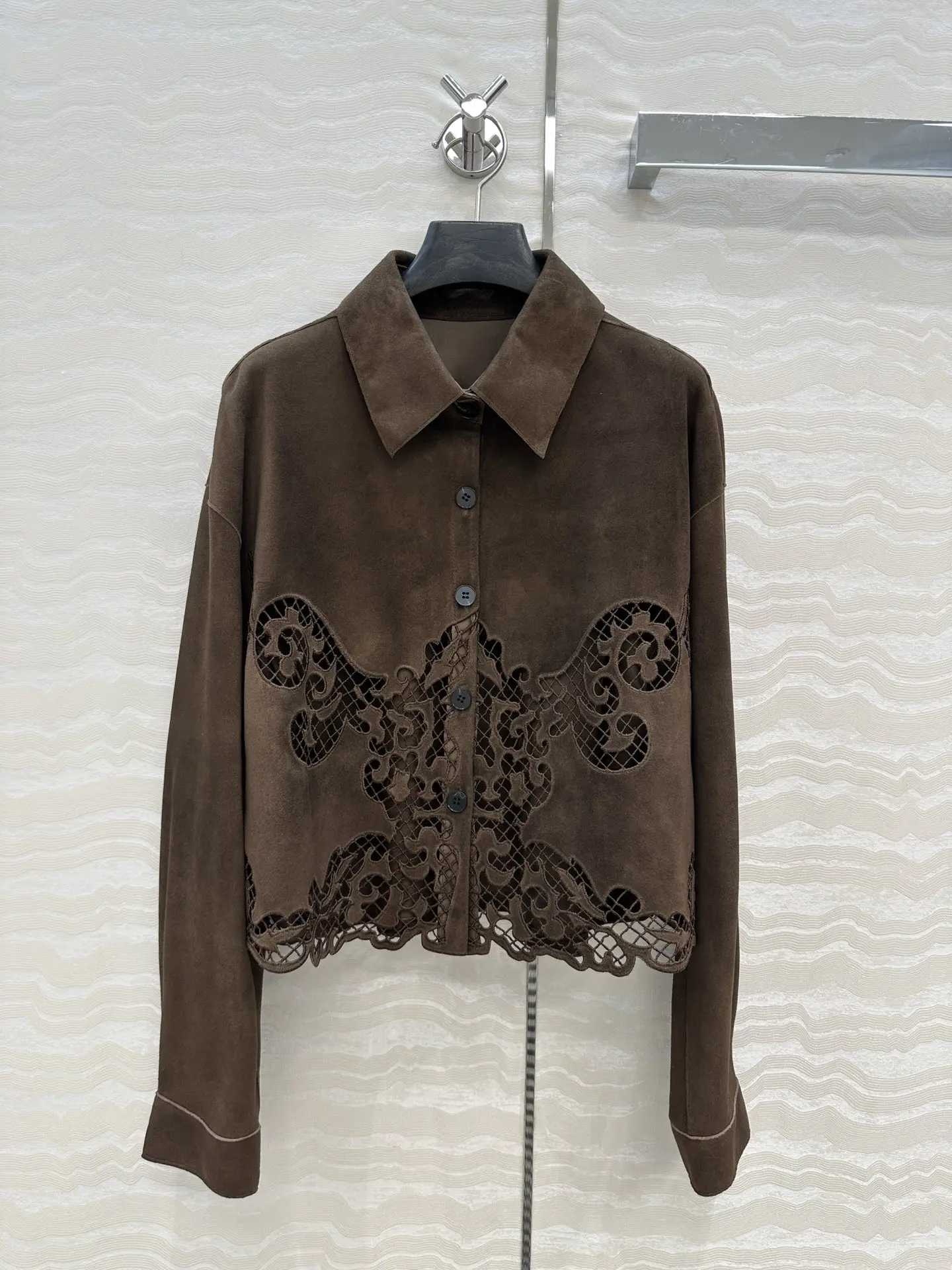 Frauen Wildleder Schaffell Kurze Jacke Spitze Stickerei drehen-unten Kragen Langarm Einreiher Vintage Damen Mantel
