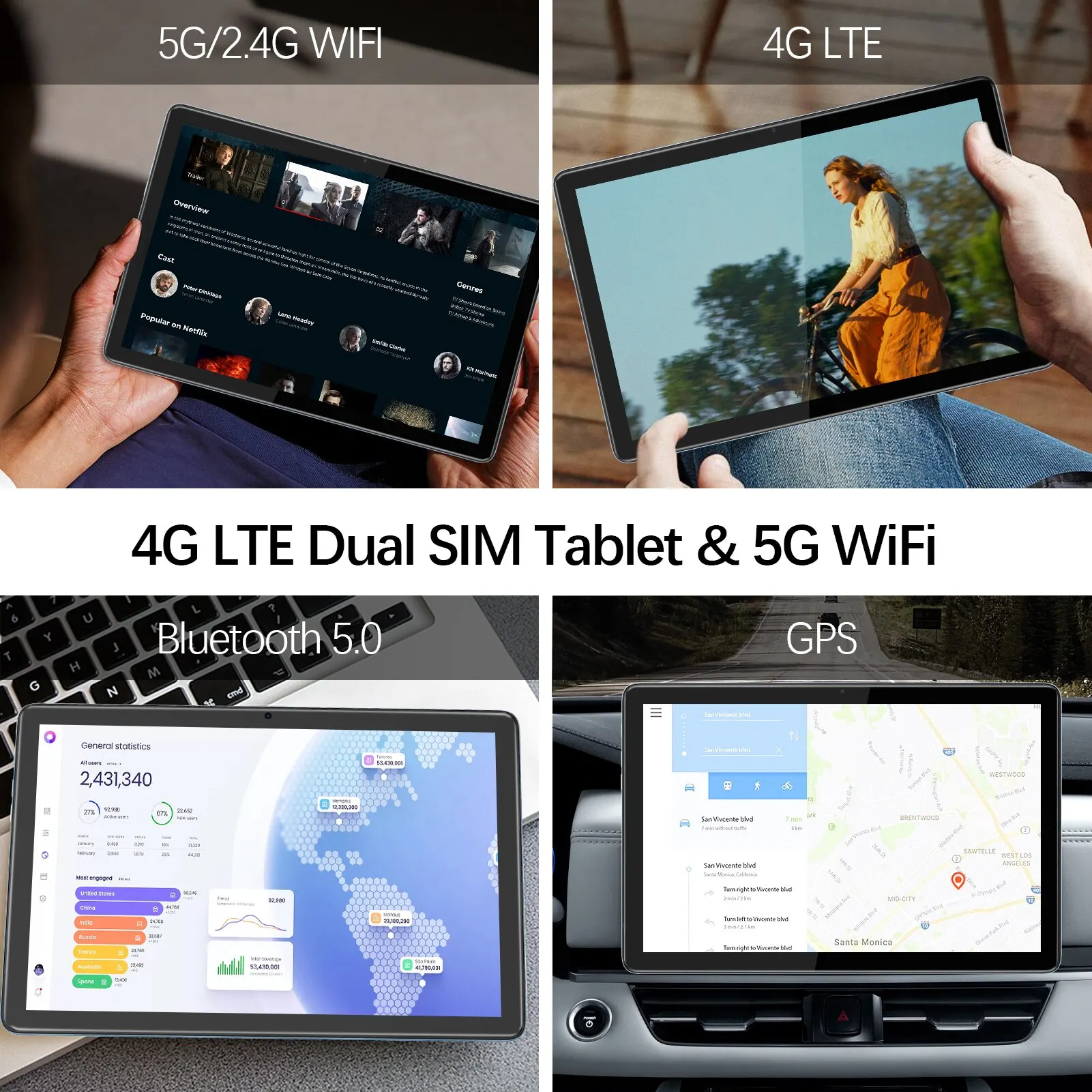 VASOUN Android 14 Tablet 10.1 ", 12GB(6 + 6 Expandir) RAM, 128GB ROM, Octa Core, Dual SIM 4G desbloqueado com 2.4G/5G WiFi GPS