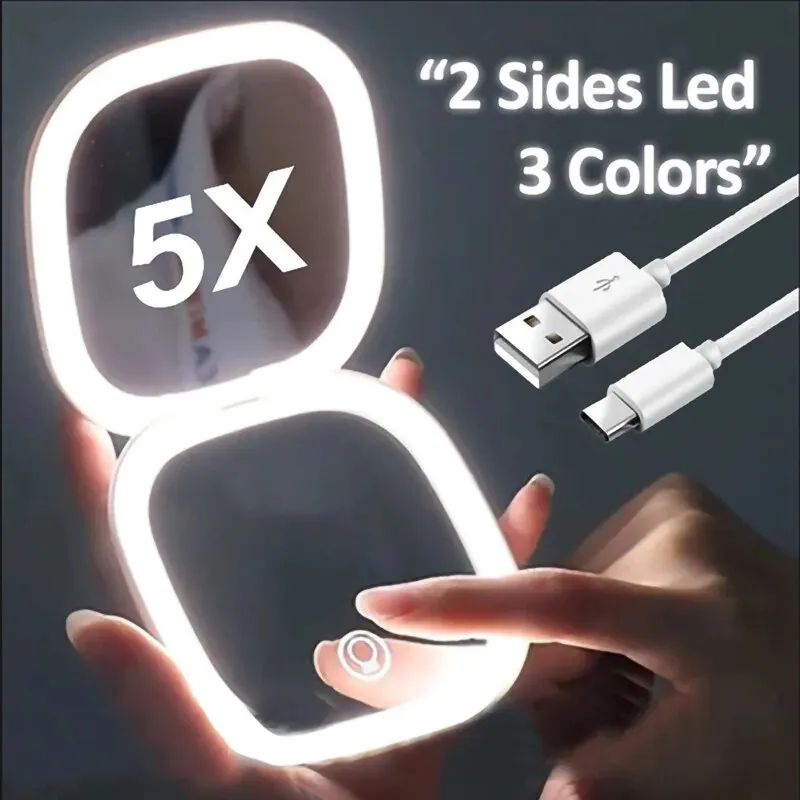 2 Face Sides Touch Compact Led 3 Farben Mini faltbarer Kosmetikladungs-Make-up-Spiegel mit Licht, 5-fache Vergrößerung, kleine Tasche für Reisen