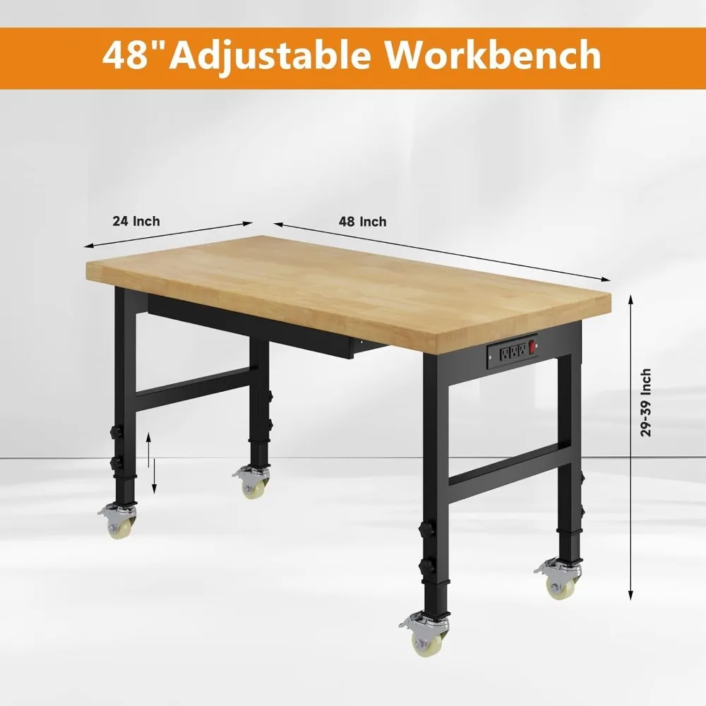 48 inch adjustable height workbench with drawers, power sockets, and wheels, with a capacity of 2000 pounds