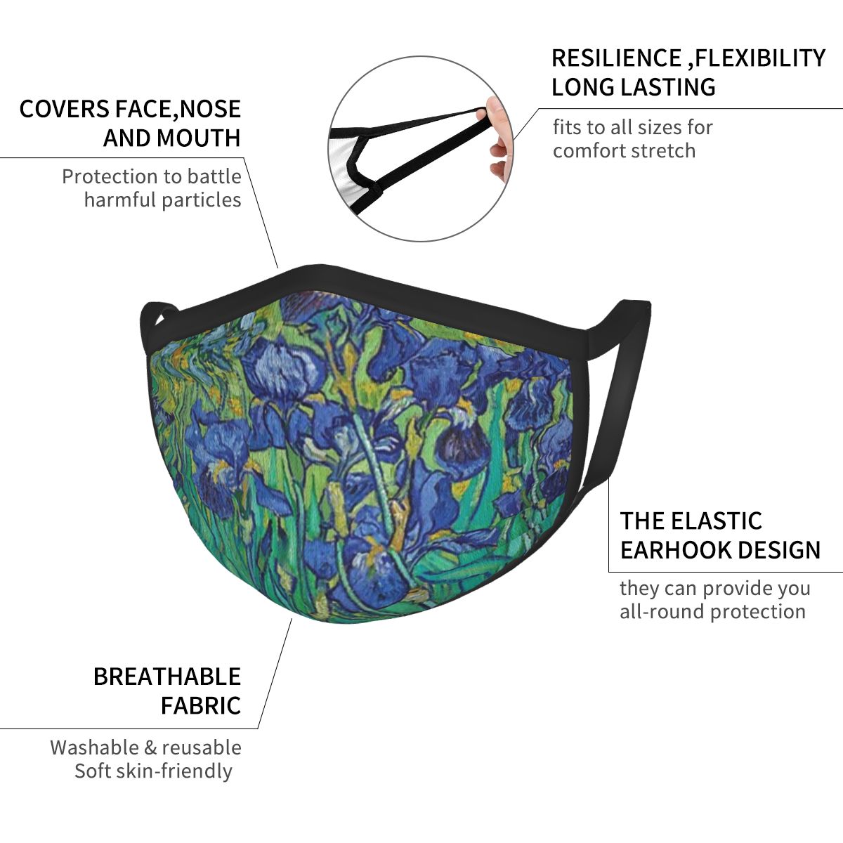 หน้ากากปิดปากใบหน้าน่ารักของเด็กๆ irises by Vincent van Gogh ใช้ซ้ำได้ระบายอากาศได้ดีหน้ากากปิดปากป้องกันฝุ่นน่ารักสำหรับเด็ก