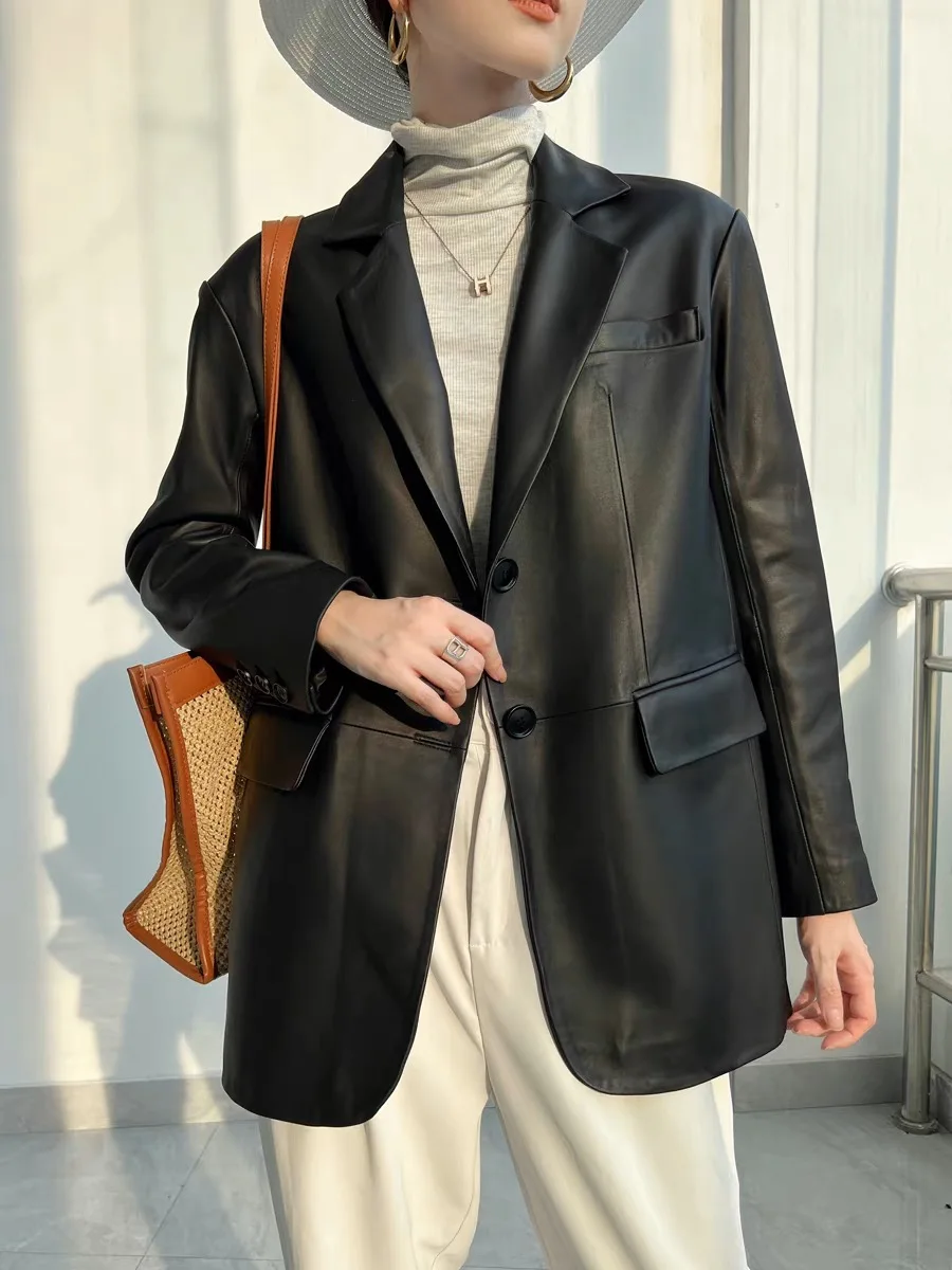 Lordly hochwertige Anzugjacke aus Schaffell für Damen, übergroße, neutrale, einreihige schwarze Jacken Dame Street