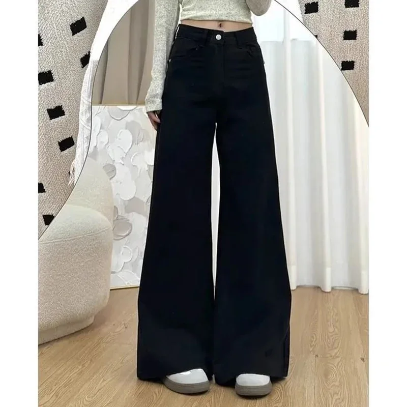 Weibliche Schwarze Hohe Taille Jeans Mädchen Chic Mode Gerade Bein Denim Hosen Frauen Dünne Lose Fit Casual Täglichen Hosen
