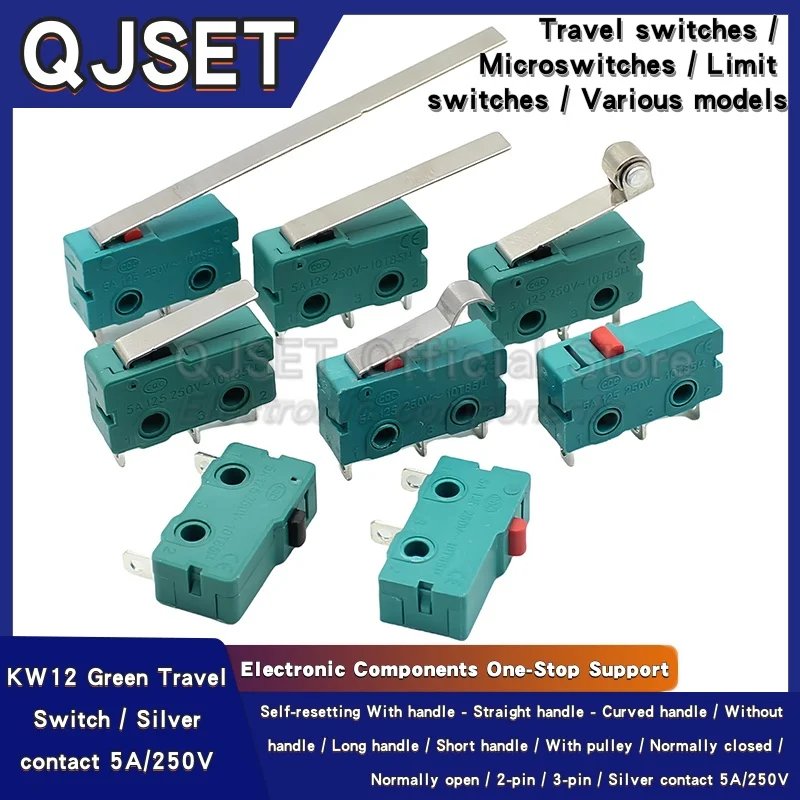 5pcs Silver Contacts 5A 250V Microswitch KW12 Green Travel Limit Switch 2Pin/3Pin Switch KW11-3Z-2 Straight/Curved Handle/Roller
