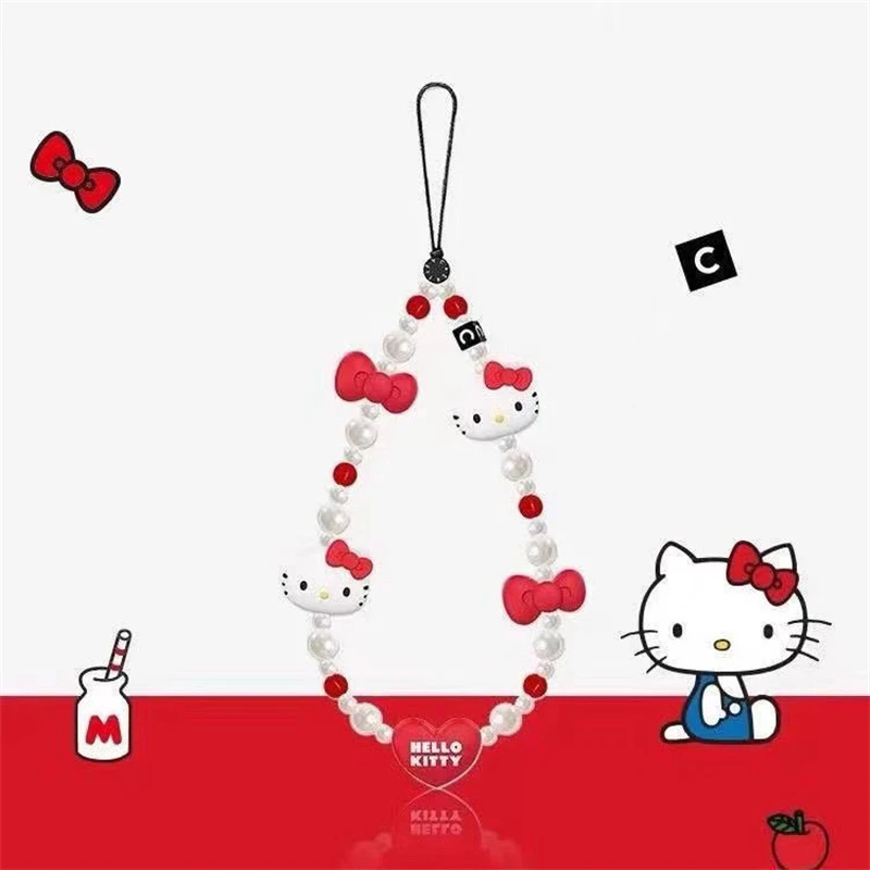 Sanrio 헬로 키티 전화 체인 귀여운 만화 여성 구슬 문자열 전화 케이스 교수형 밧줄 키 체인 장식품 휴일 선물
