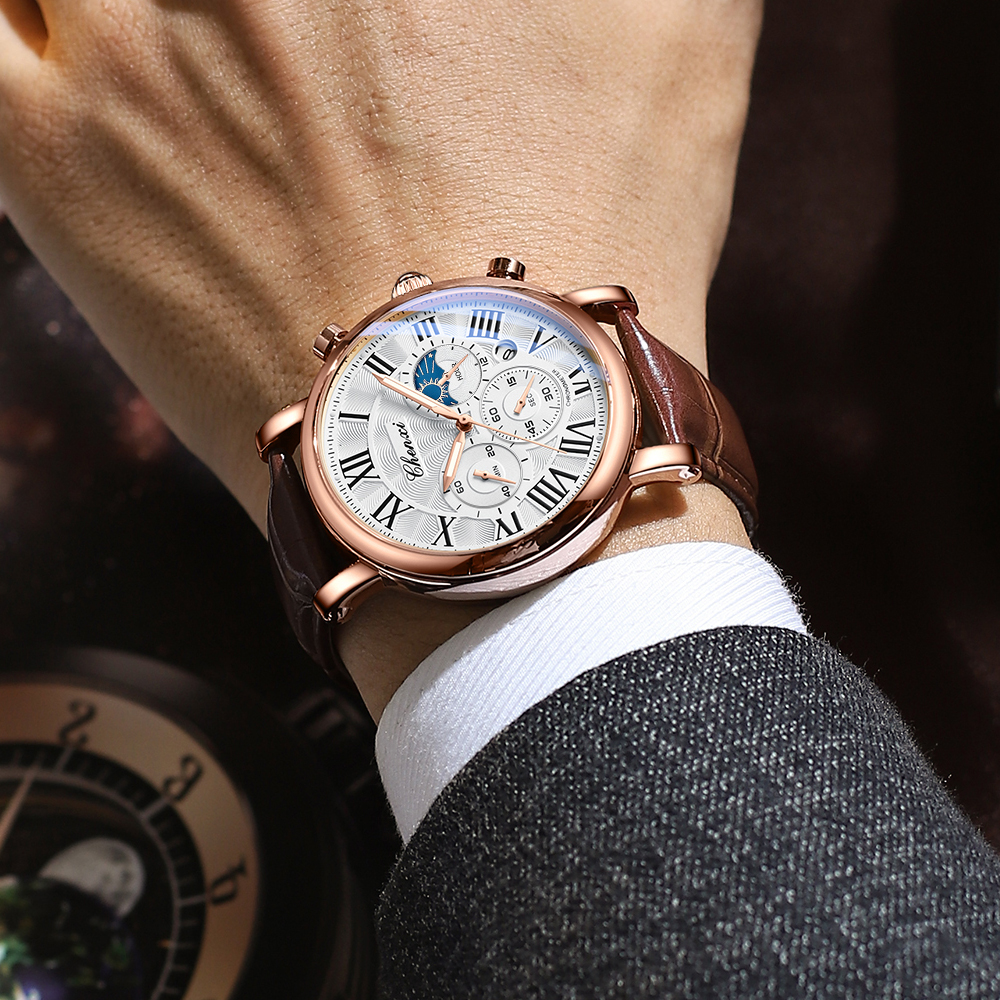 CHENXI, relojes de negocios a la moda para hombre, reloj de cuarzo de lujo, cronógrafo con fecha automática, reloj de pulsera de cuero resistente al agua para hombre