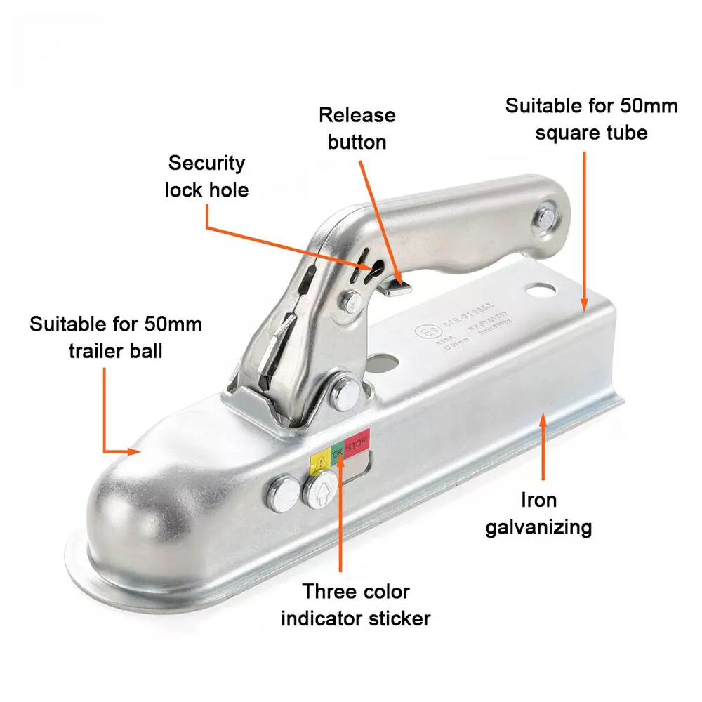 ユニバーサルトレーラーカップリングヒッチ 50 ミリメートルプレス鋼ブレーキなしトレーラー用最大 750 キロトレーラーヒッチ牽引カプラーマウント