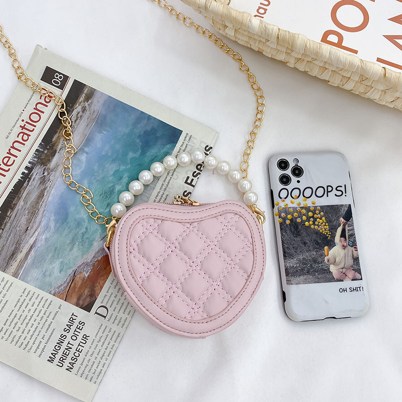 Mini bolsa mensageiro de ombro em forma de coração com alça de pérola para meninas, bolsa princesa, bolsas fofas para crianças