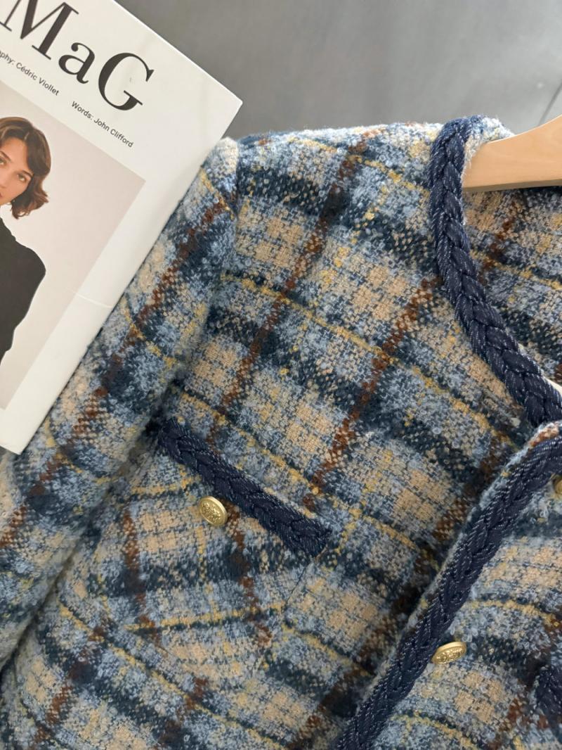 Blauer Kurzmantel für Damen, klein, 2024, Herbst und Winter, neuer britischer Stil, dicke Karos, modisches Oberteil