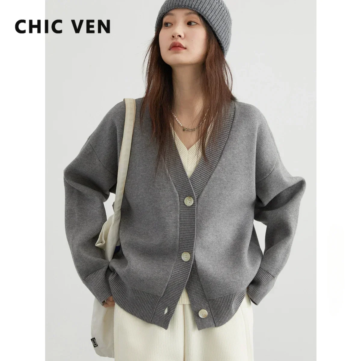 CHIC VEN-cárdigan suelto con cuello en V para mujer, suéter femenino de manga larga, Top de punto para niña, ropa Popular coreana, primavera y otoño, 2024