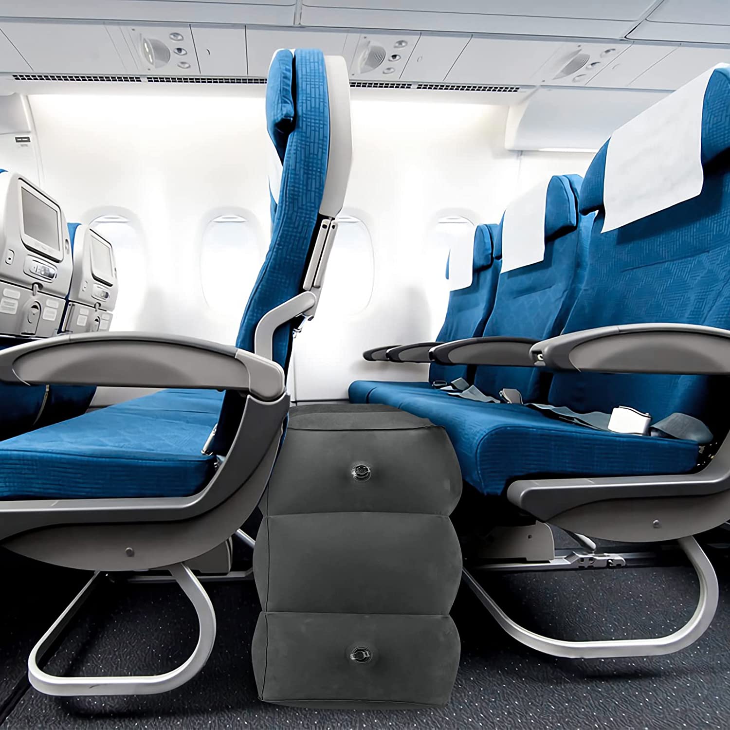 Reposapiés de avión, reposapiés de viaje, almohada inflable, reposapiés de viaje para aviones, altura ajustable, plegable ergonómico de 3 capas