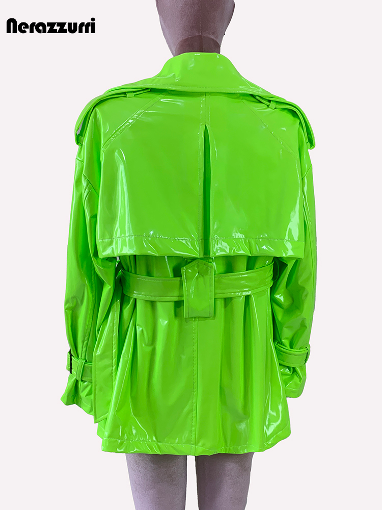 Nerazzurri Lente Herfst Oversized Dunne Glanzende Reflecterende Lakleer Trenchcoat voor Dames Double Breasted Europese Mode