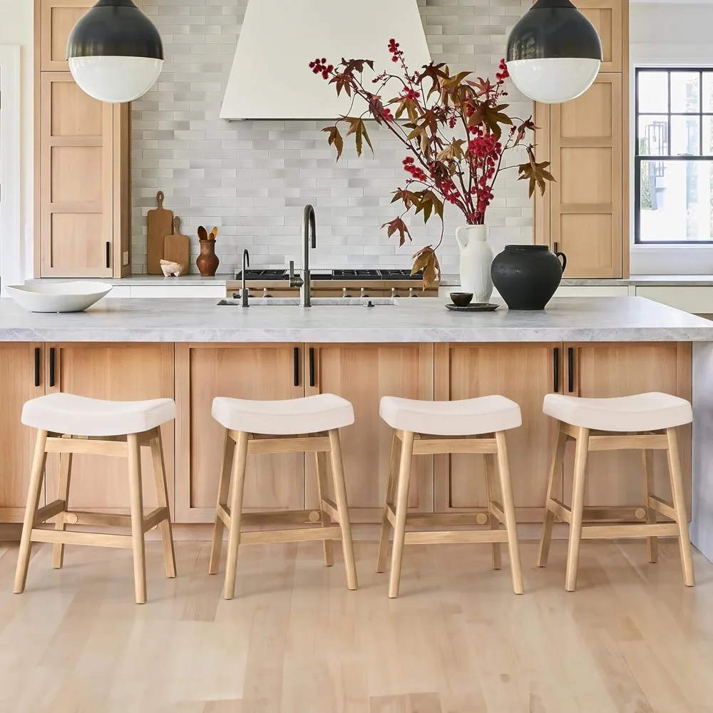 Bar Stools Set of 3, Barstools with Sturdy Wood Legs, Saddle Seat Counter Height Bar Stools 24 Inch Farmhouse Counter Stools