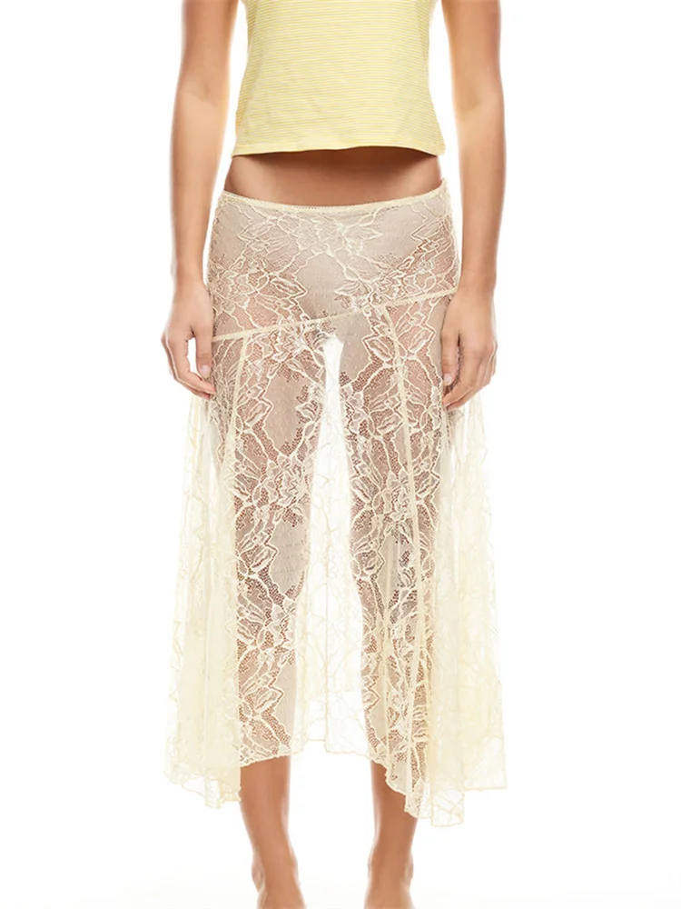 CHRONSTYLE Women Midi Skirts Lace Floral Irregular Hem Elastic Low Waist Skirts Summer Casual See Through Skirts Streetwear 2025