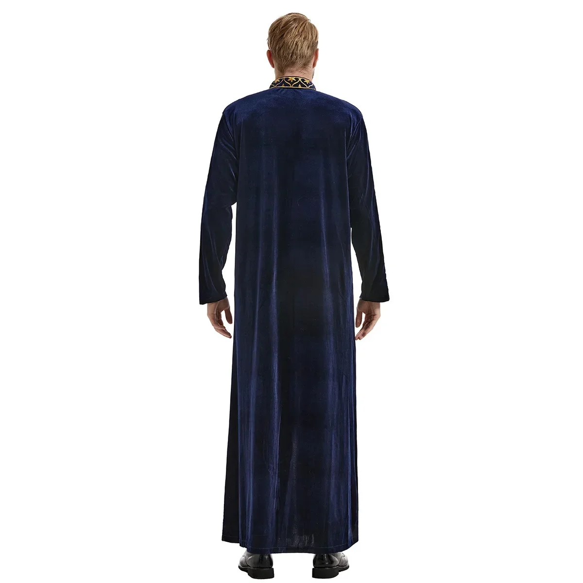 Masculino muçulmano gola bordado ramadan thobe com mangas compridas robe islâmico kaftan thawb dubai tornozelo comprimento abaya