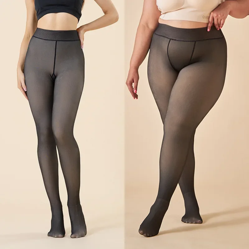 Addensare calze polari Leggings caldi invernali Collant foderati in pile da donna Collant effetto pelle Pantaloni calzino in lana traslucida finta